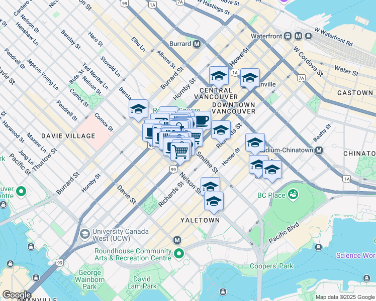 map of restaurants, bars, coffee shops, grocery stores, and more near 905 Seymour Street in Vancouver