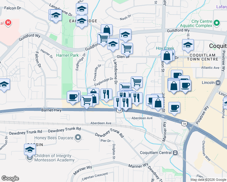 map of restaurants, bars, coffee shops, grocery stores, and more near 1136 Lansdowne Drive in Coquitlam