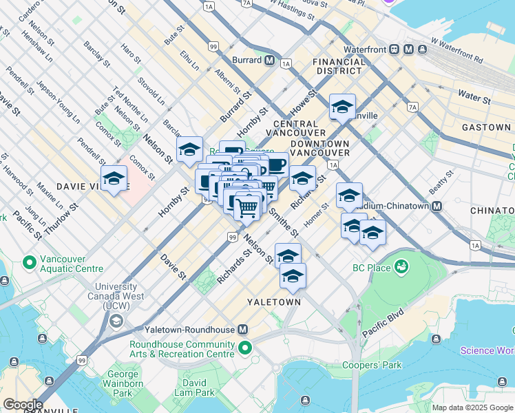map of restaurants, bars, coffee shops, grocery stores, and more near 903 Seymour Street in Vancouver