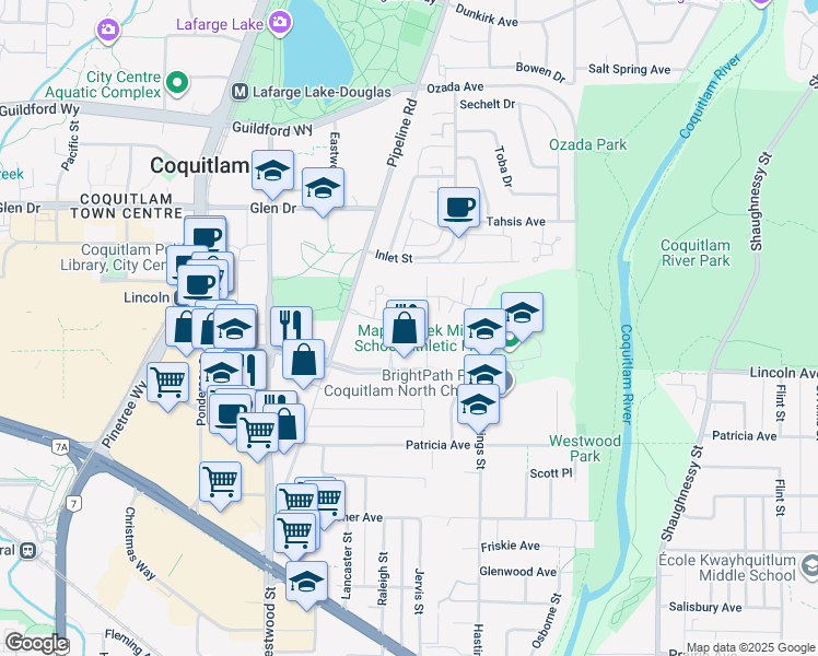 map of restaurants, bars, coffee shops, grocery stores, and more near in Coquitlam