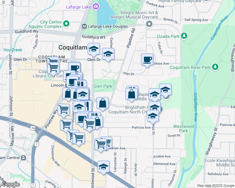 map of restaurants, bars, coffee shops, grocery stores, and more near 3096 Windsor Gate in Coquitlam