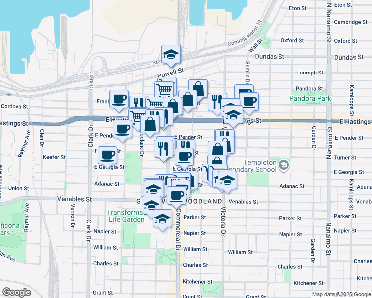 map of restaurants, bars, coffee shops, grocery stores, and more near in Vancouver