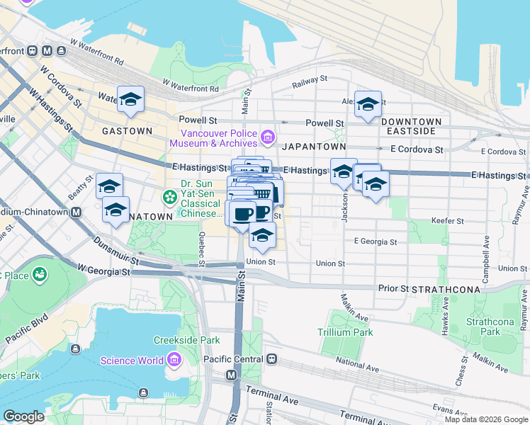 map of restaurants, bars, coffee shops, grocery stores, and more near 268 Keefer Street in Vancouver