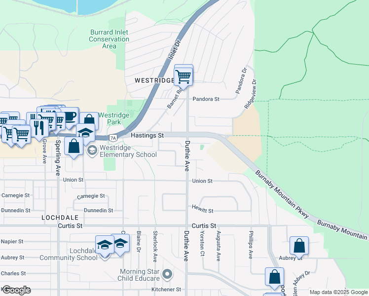 map of restaurants, bars, coffee shops, grocery stores, and more near 521 Duthie Avenue in Burnaby