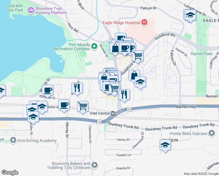 map of restaurants, bars, coffee shops, grocery stores, and more near in Port Moody