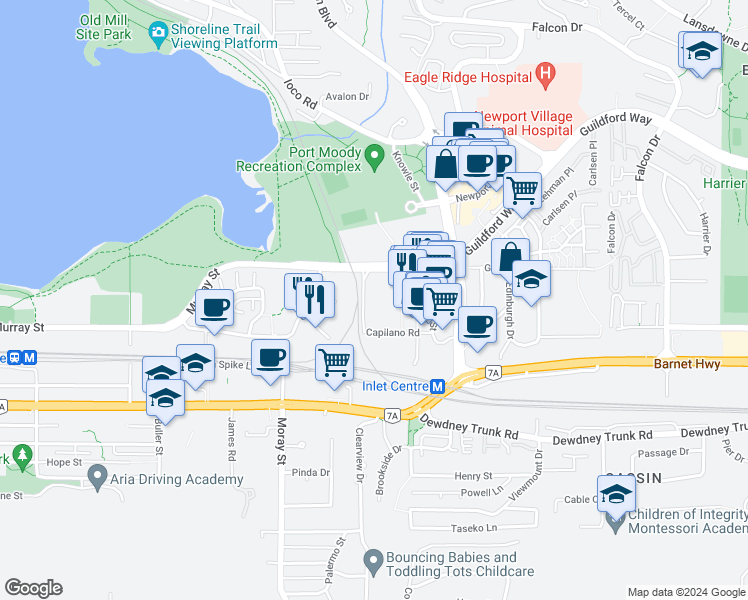 map of restaurants, bars, coffee shops, grocery stores, and more near 100 Capilano Road in Port Moody