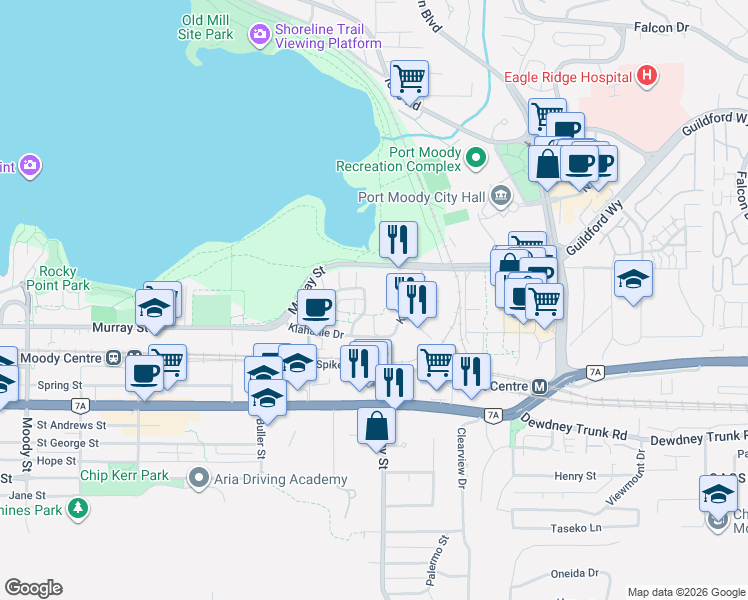 map of restaurants, bars, coffee shops, grocery stores, and more near 400 Klahanie Drive in Port Moody
