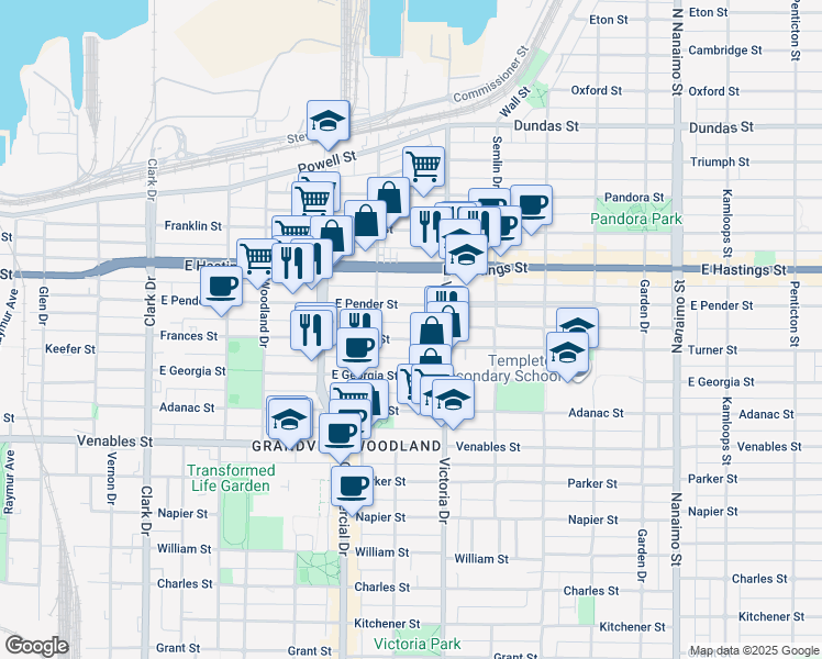 map of restaurants, bars, coffee shops, grocery stores, and more near 1833 Frances Street in Vancouver