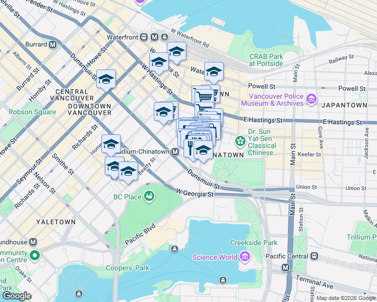 map of restaurants, bars, coffee shops, grocery stores, and more near 188 Keefer Place in Vancouver