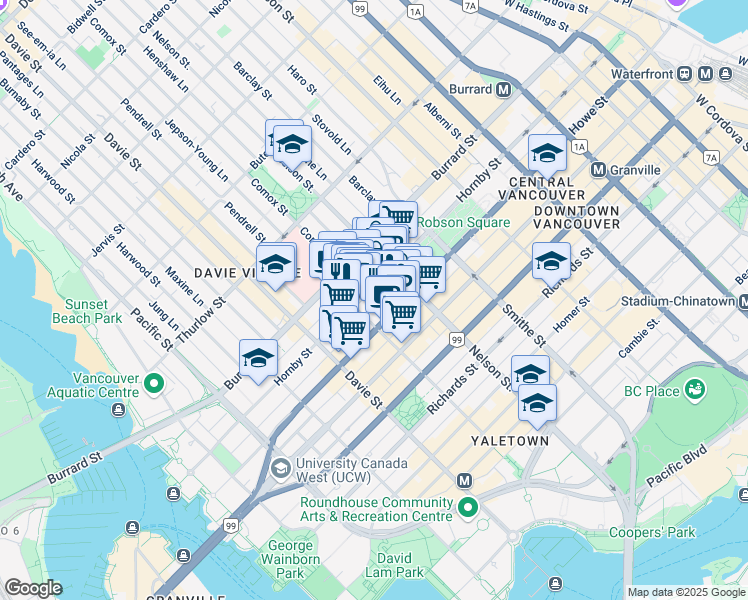 map of restaurants, bars, coffee shops, grocery stores, and more near in Vancouver