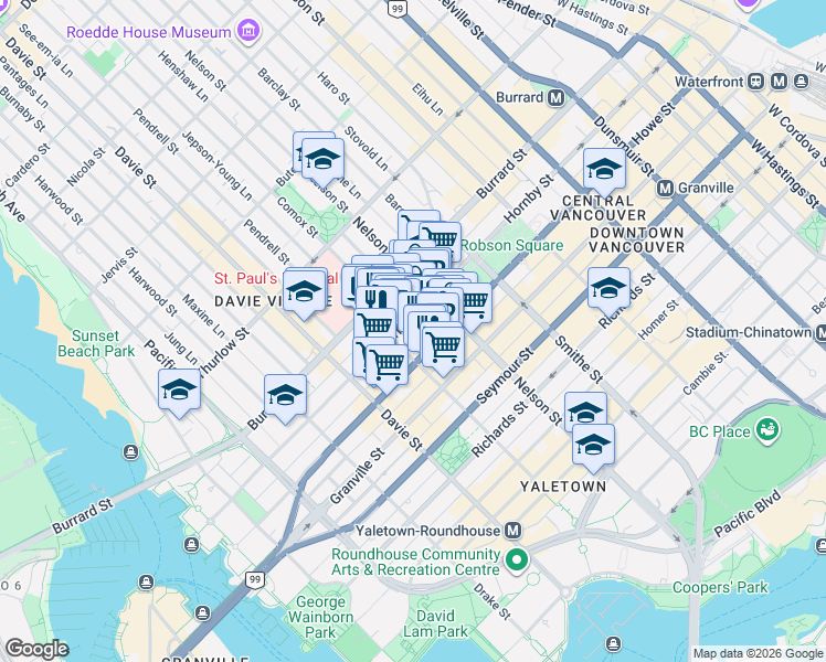 map of restaurants, bars, coffee shops, grocery stores, and more near in Vancouver
