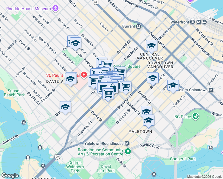 map of restaurants, bars, coffee shops, grocery stores, and more near 1010 Howe Street in Vancouver