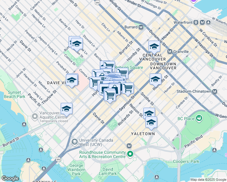 map of restaurants, bars, coffee shops, grocery stores, and more near 1010 Howe Street in Vancouver