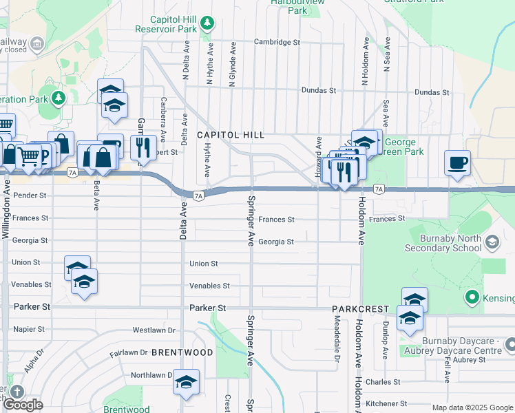 map of restaurants, bars, coffee shops, grocery stores, and more near 560 Springer Avenue in Burnaby