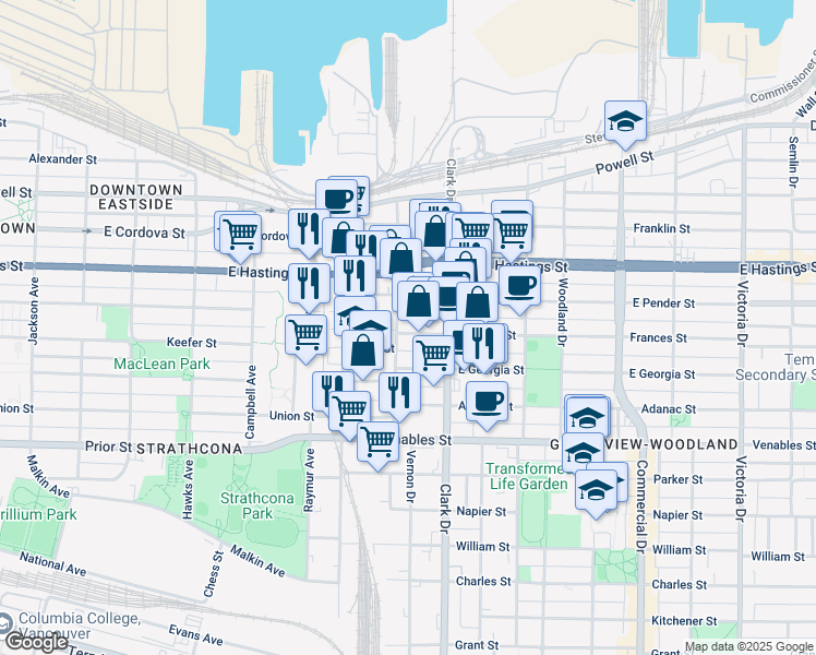 map of restaurants, bars, coffee shops, grocery stores, and more near in Vancouver