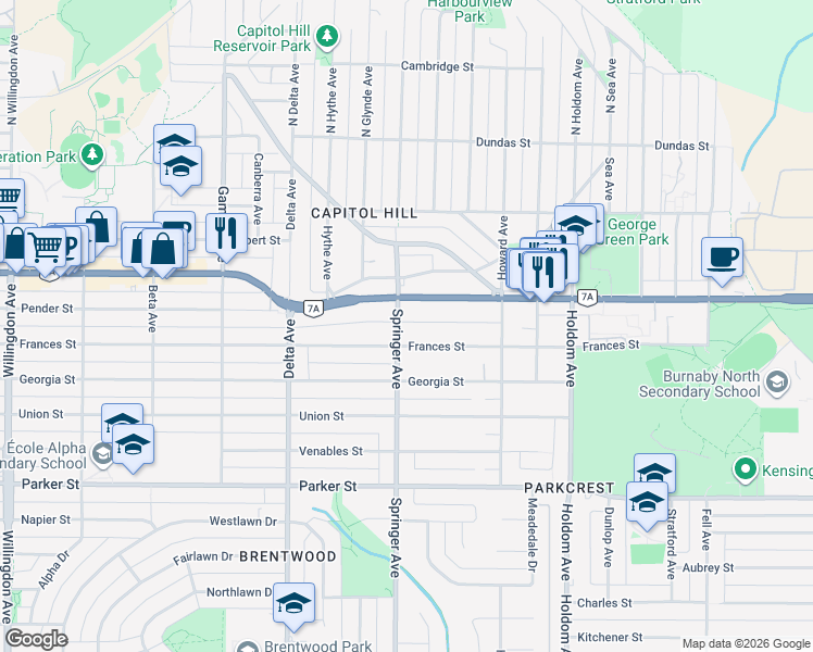 map of restaurants, bars, coffee shops, grocery stores, and more near 560 Springer Avenue in Burnaby