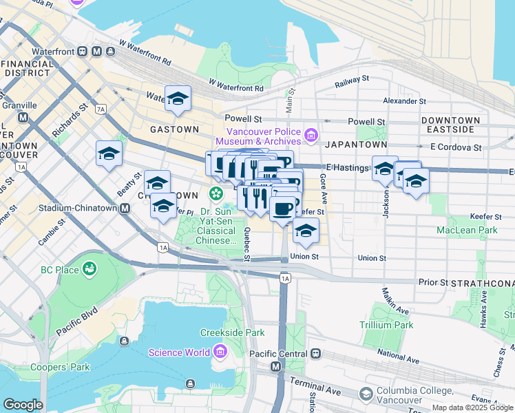 map of restaurants, bars, coffee shops, grocery stores, and more near in Vancouver
