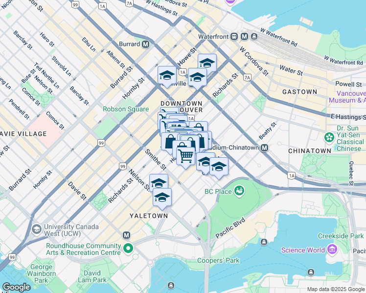 map of restaurants, bars, coffee shops, grocery stores, and more near 405 Robson Street in Vancouver