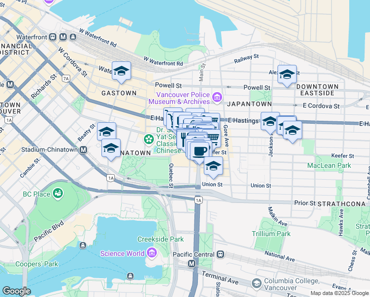 map of restaurants, bars, coffee shops, grocery stores, and more near in Vancouver