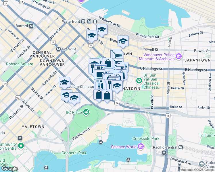 map of restaurants, bars, coffee shops, grocery stores, and more near 188 Keefer Place in Vancouver