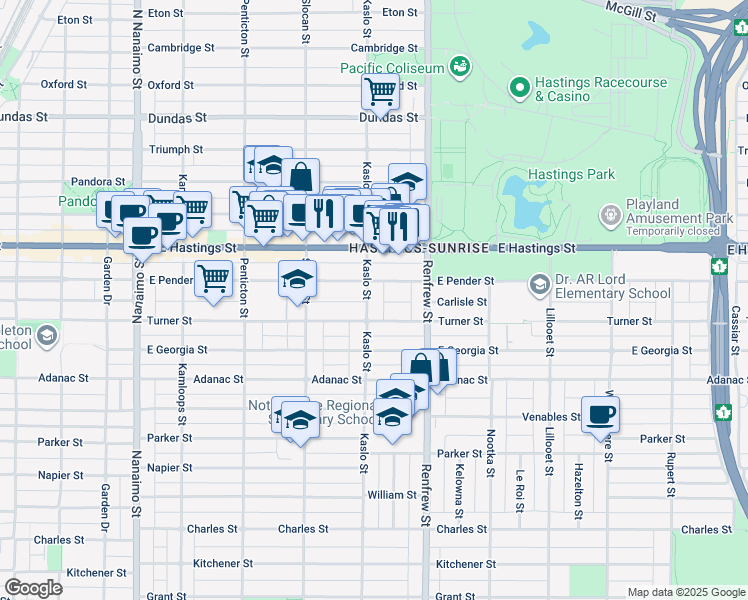 map of restaurants, bars, coffee shops, grocery stores, and more near 530 Kaslo Street in Vancouver