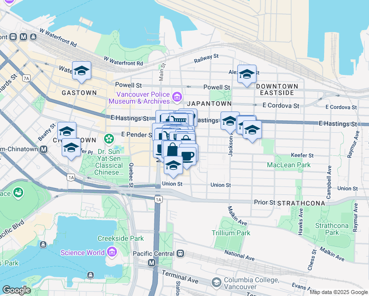 map of restaurants, bars, coffee shops, grocery stores, and more near in Vancouver