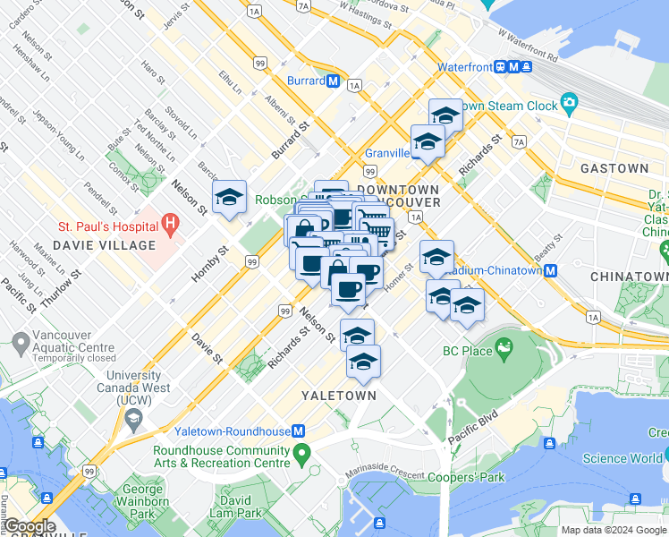 map of restaurants, bars, coffee shops, grocery stores, and more near 565 Smithe Street in Vancouver