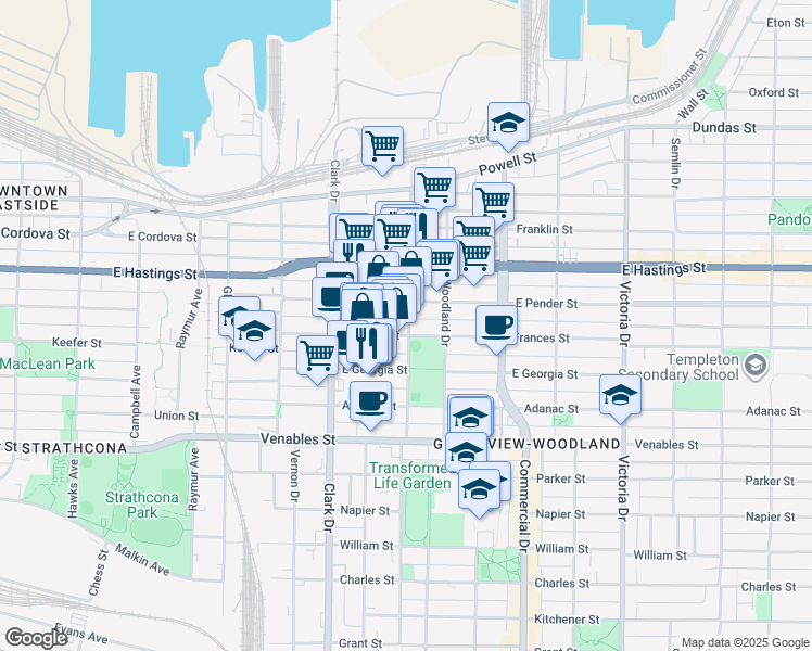 map of restaurants, bars, coffee shops, grocery stores, and more near 1485 Frances Street in Vancouver