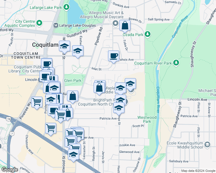 map of restaurants, bars, coffee shops, grocery stores, and more near 1137 Kensal Place in Coquitlam