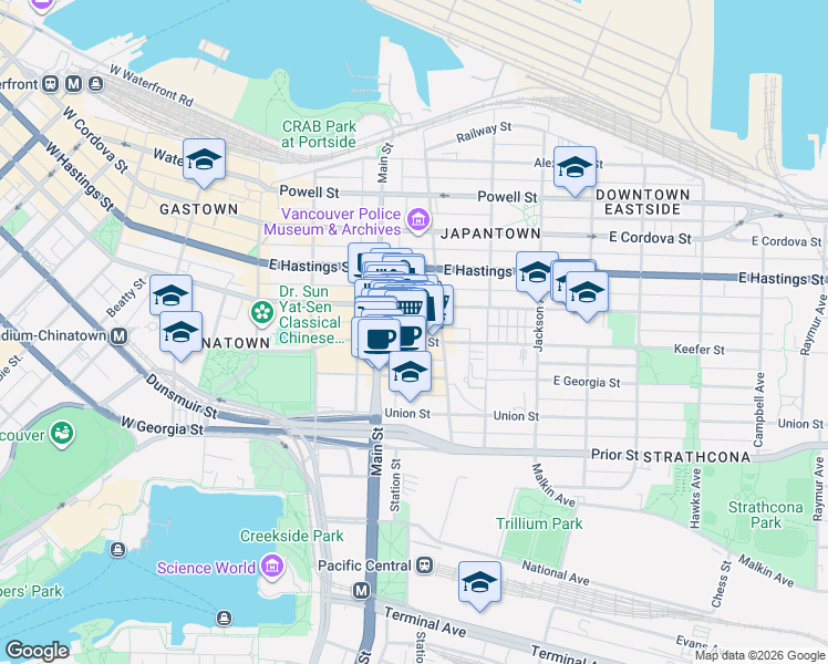 map of restaurants, bars, coffee shops, grocery stores, and more near 239 Keefer Street in Vancouver