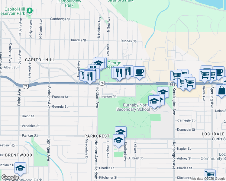 map of restaurants, bars, coffee shops, grocery stores, and more near 5760 Hastings Street in Burnaby