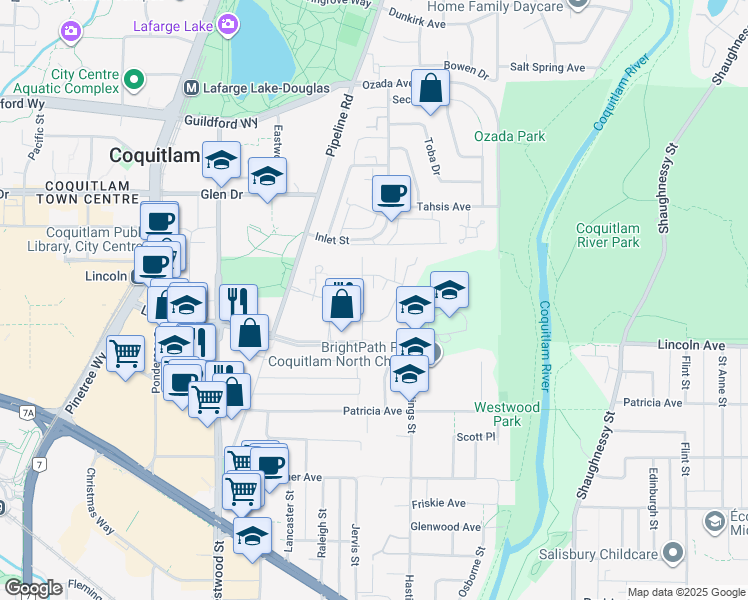 map of restaurants, bars, coffee shops, grocery stores, and more near 1137 Kensal Place in Coquitlam