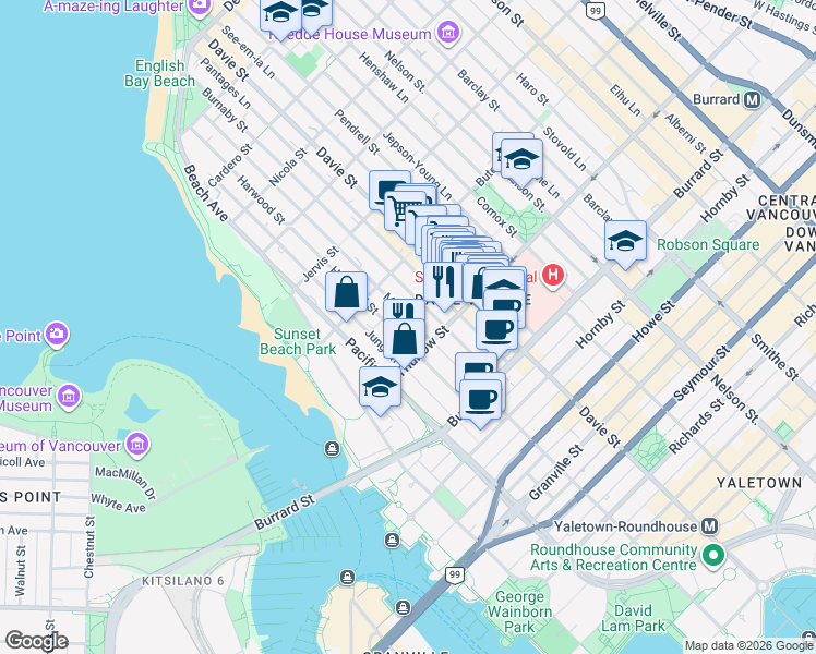 map of restaurants, bars, coffee shops, grocery stores, and more near 1133 Harwood Street in Vancouver