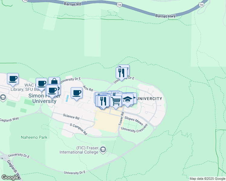 map of restaurants, bars, coffee shops, grocery stores, and more near 8750 University Crescent in Burnaby