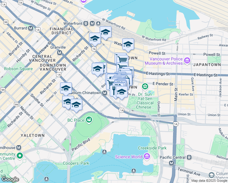 map of restaurants, bars, coffee shops, grocery stores, and more near 168 Keefer Place in Vancouver