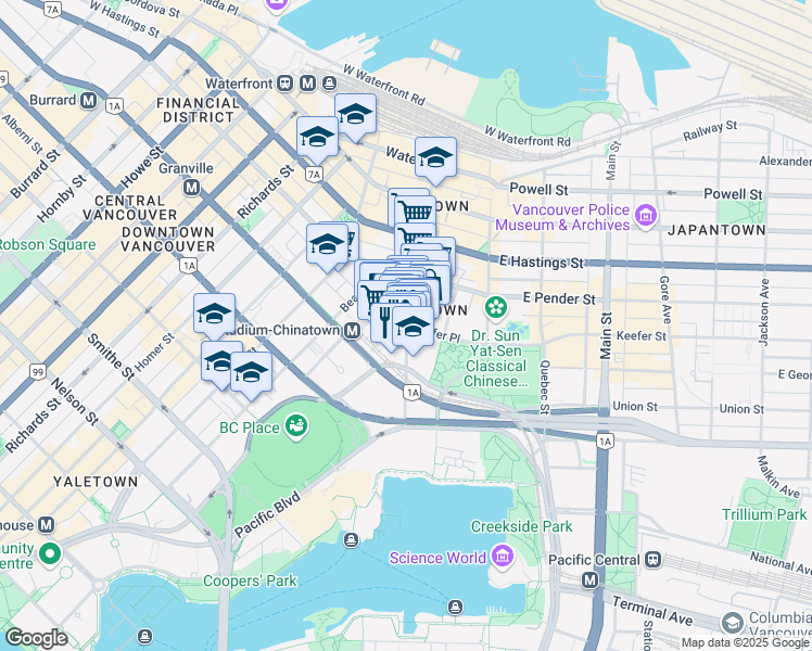 map of restaurants, bars, coffee shops, grocery stores, and more near 555 Abbott Street in Vancouver