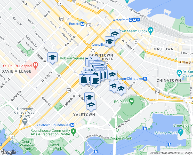 map of restaurants, bars, coffee shops, grocery stores, and more near 480 Robson Street in Vancouver
