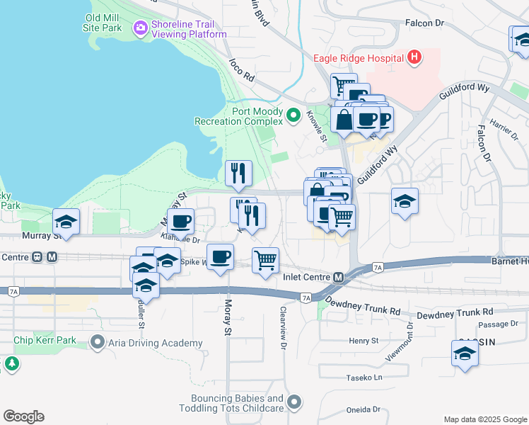 map of restaurants, bars, coffee shops, grocery stores, and more near 801 Klahanie Drive in Port Moody