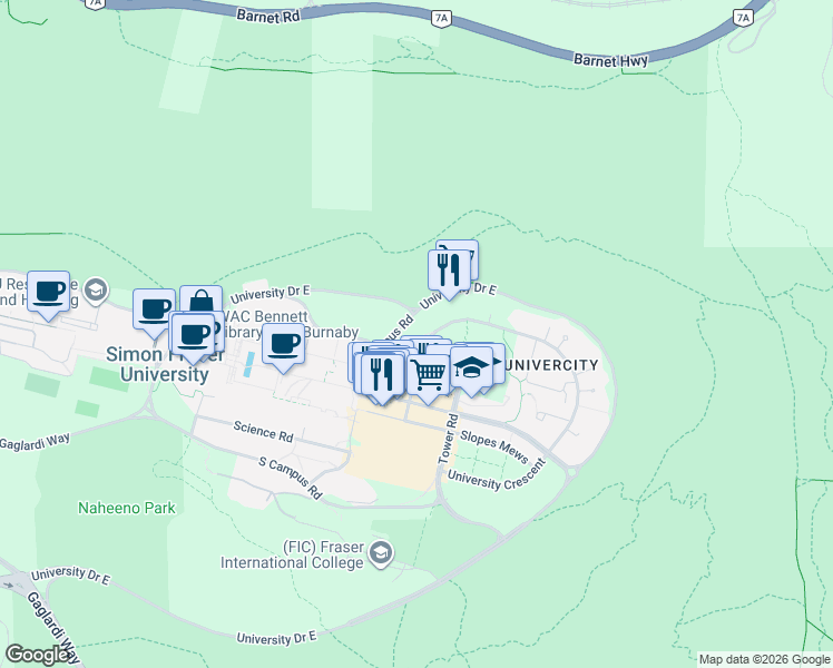 map of restaurants, bars, coffee shops, grocery stores, and more near 8750 University Crescent in Burnaby