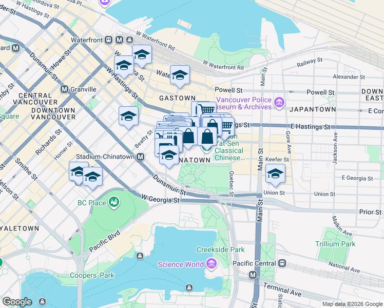 map of restaurants, bars, coffee shops, grocery stores, and more near 550 Taylor Street in Vancouver