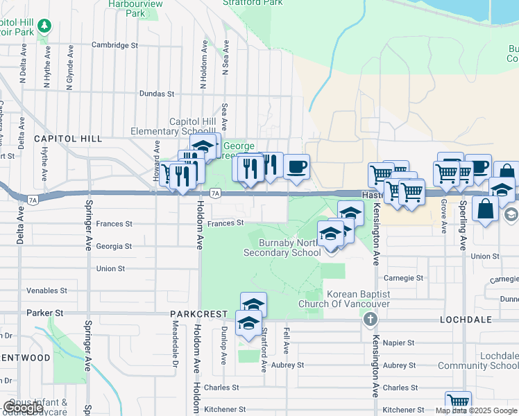 map of restaurants, bars, coffee shops, grocery stores, and more near 5988 Hastings Street in Burnaby