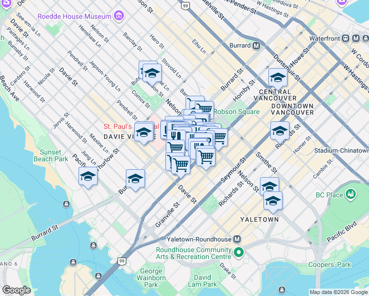 map of restaurants, bars, coffee shops, grocery stores, and more near 1091 Hornby Street in Vancouver
