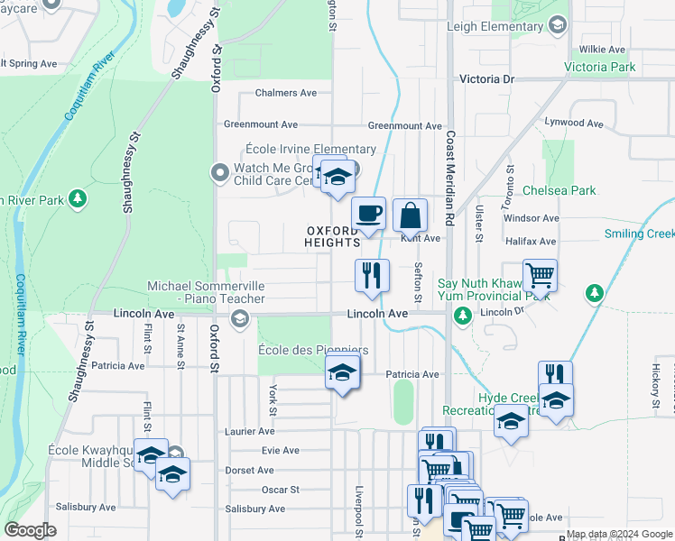 map of restaurants, bars, coffee shops, grocery stores, and more near 3762 Wellington Street in Port Coquitlam