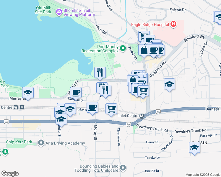 map of restaurants, bars, coffee shops, grocery stores, and more near 801 Klahanie Drive in Port Moody