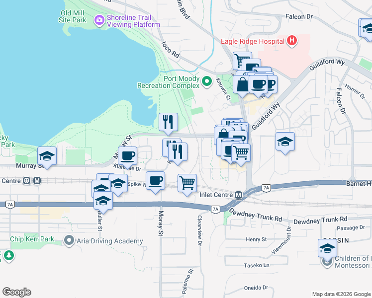 map of restaurants, bars, coffee shops, grocery stores, and more near 801 Klahanie Drive in Port Moody