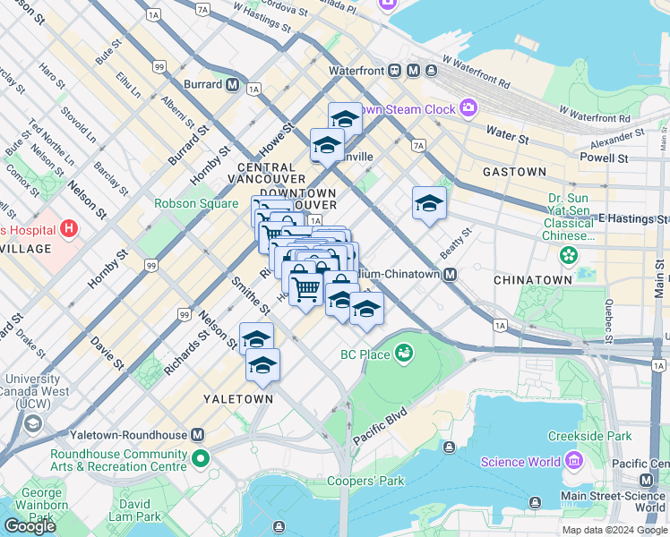 map of restaurants, bars, coffee shops, grocery stores, and more near 310 West Georgia Street in Vancouver