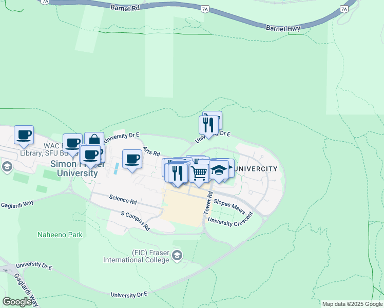 map of restaurants, bars, coffee shops, grocery stores, and more near 9025 Highland Court in Burnaby
