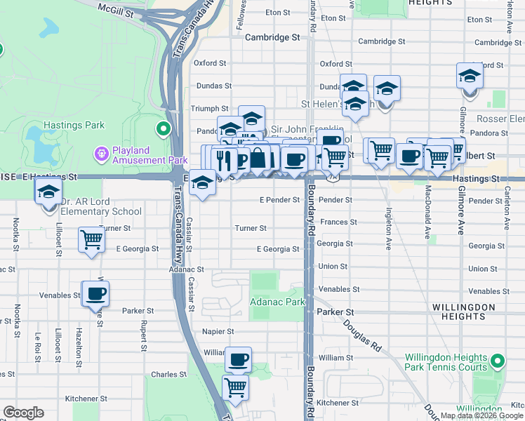 map of restaurants, bars, coffee shops, grocery stores, and more near in Vancouver