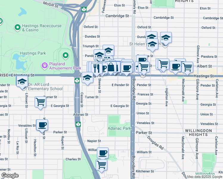 map of restaurants, bars, coffee shops, grocery stores, and more near in Vancouver