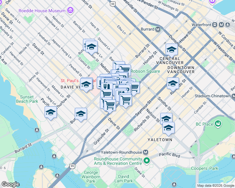 map of restaurants, bars, coffee shops, grocery stores, and more near 1068 Hornby Street in Vancouver